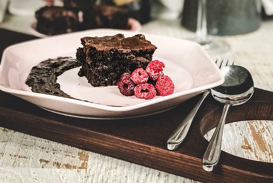 Dark Chocolate, Raspberry & Balsamic Sauce with Chocolate Brownies – Simply Good Foods