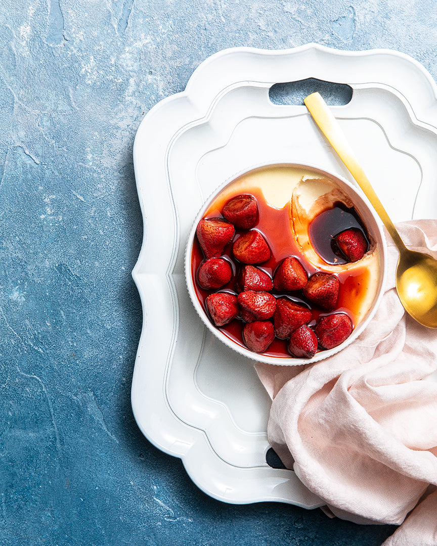 White Chocolate Panna Cotta with Balsamic Roasted Strawberries – Simply Good Foods